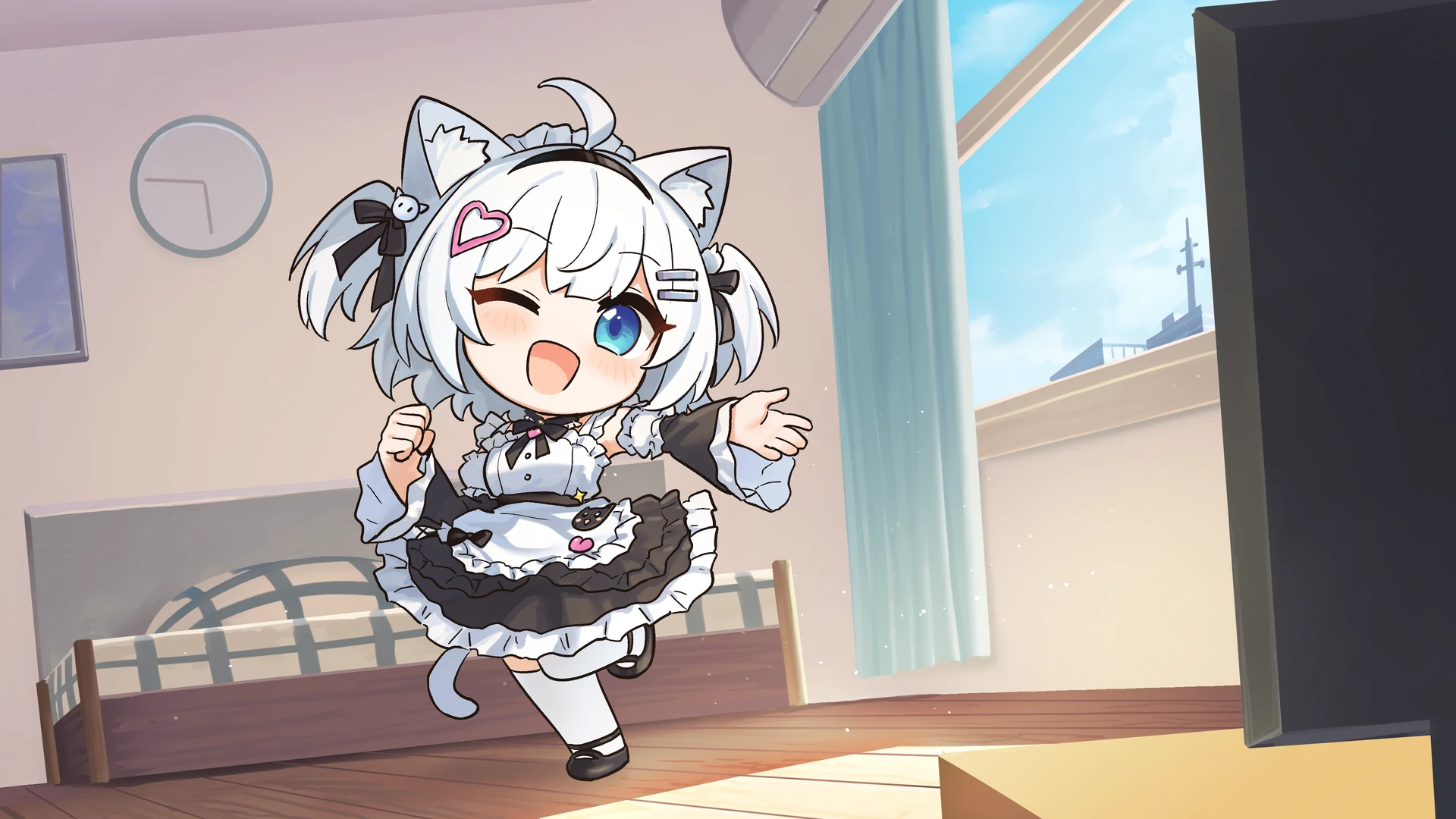A chibi illustration of Luna in her maid outfit, happily dancing in front of the living-room TV