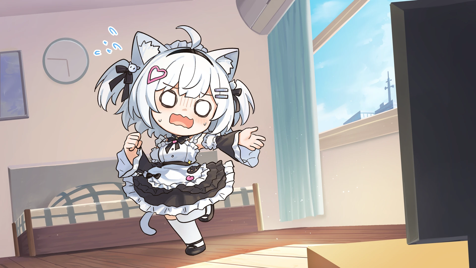 A chibi illustration of Luna looking flustered while still holding her dance pose