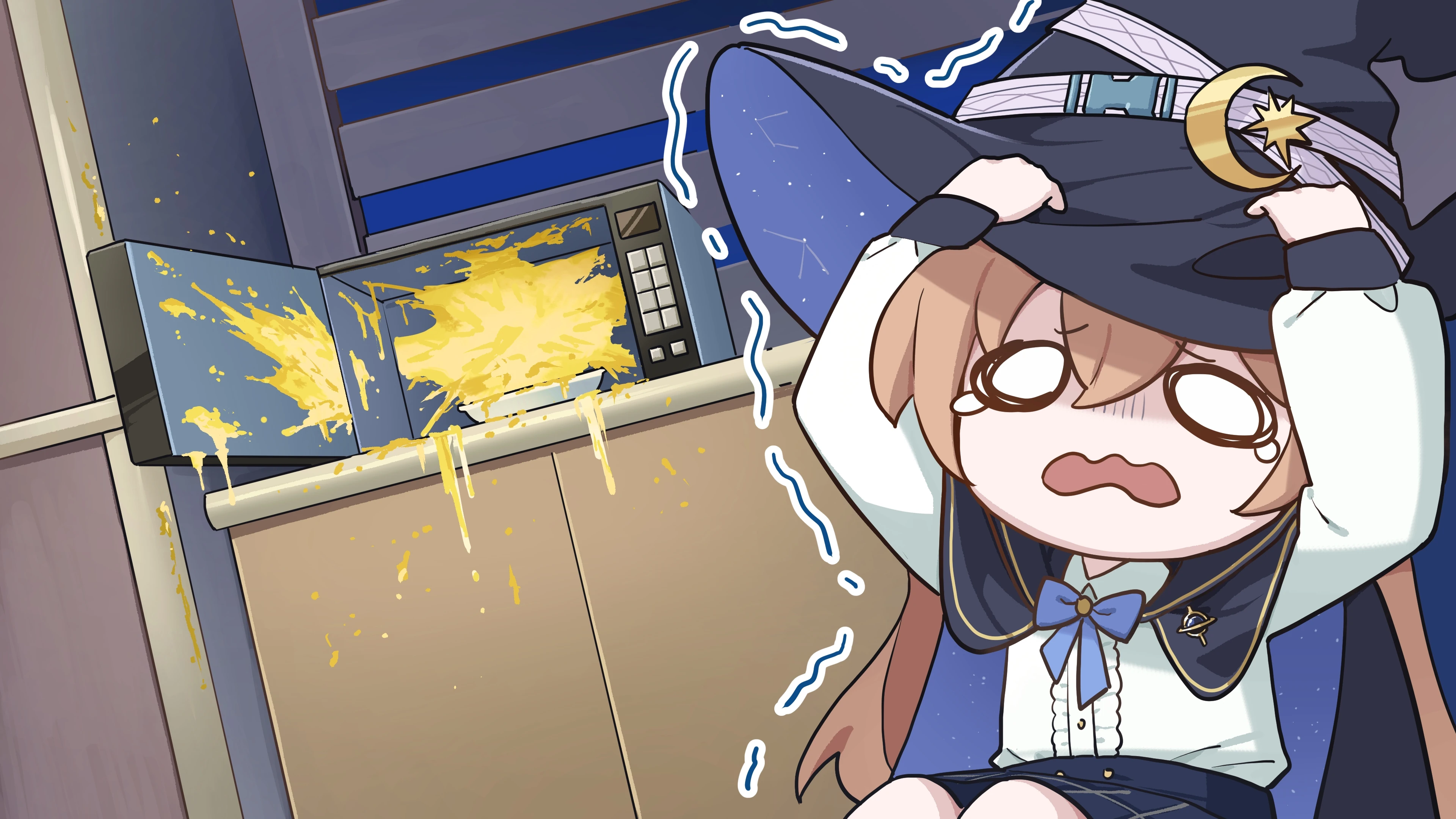 魔女の帽子をつかんで慌てて泣くステラと、中も周りも食べ物だらけになった電子レンジ