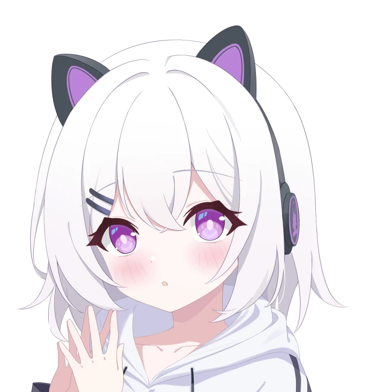 白祈戴着猫耳耳机，微微脸红，将双手放在胸前的角色特写